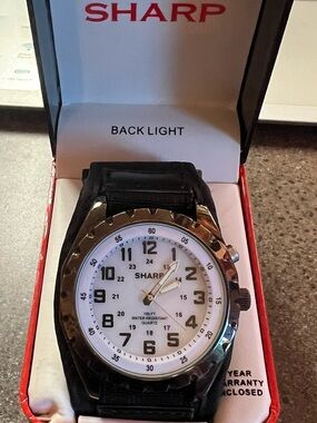 Sharp Men's Black Strap White Dial Analog Watch. Never worn, still in box.